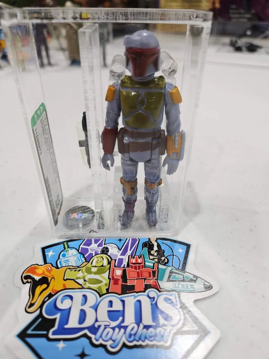 1979 Kenner Boba Fett action figure in an AFA case beside the Ben's Toy Chest logo
