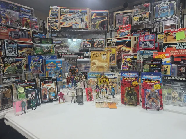 Display shelves of rare memorabilia and toy accessories