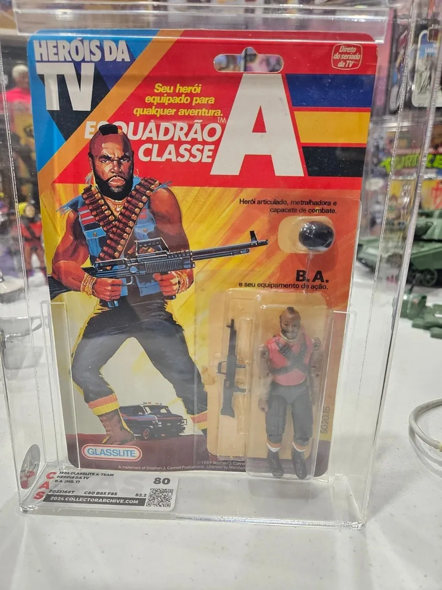 B.A. Baracus action figure from the A-Team in its original packaging, displayed in a clear case